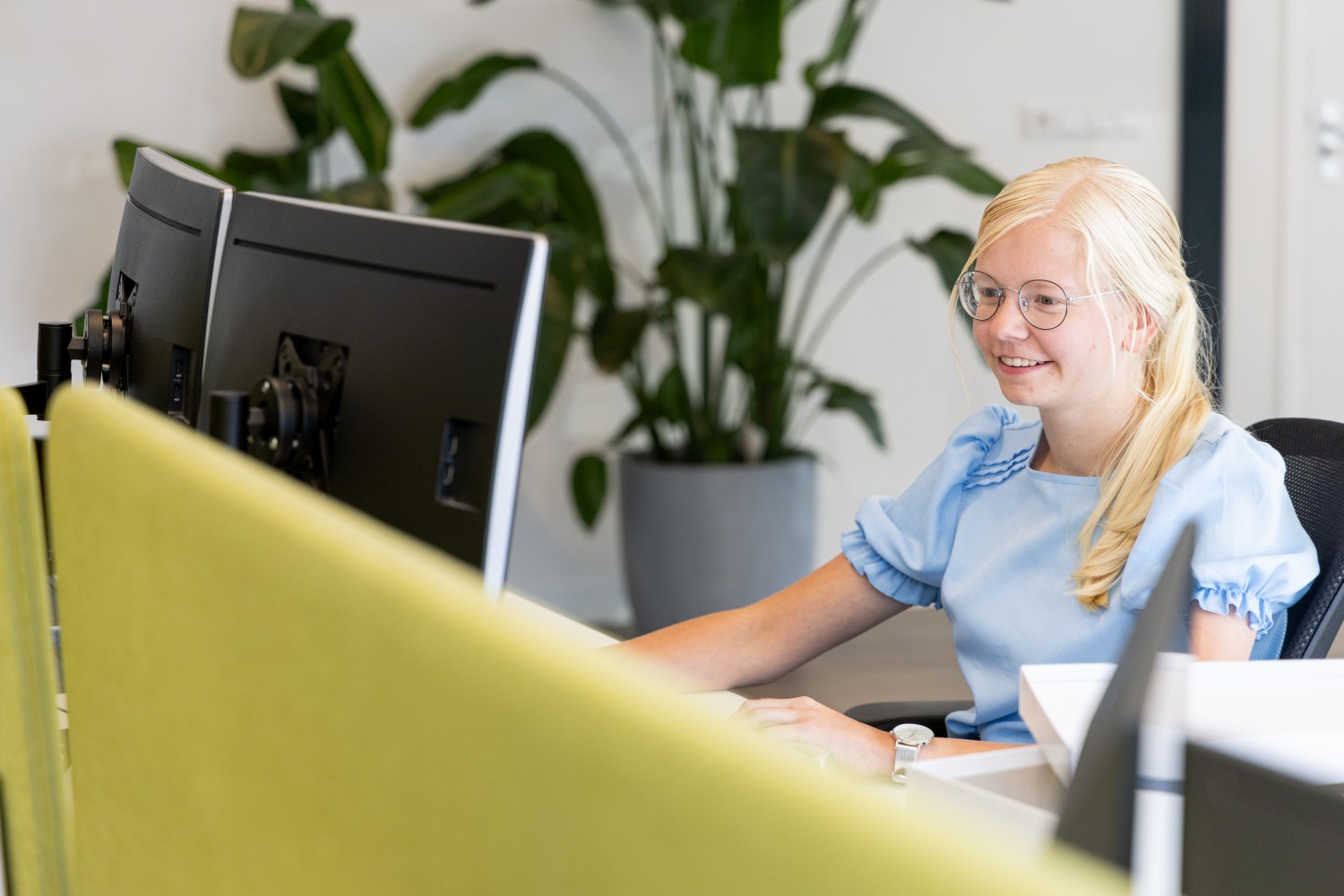 Greengiving-Mitarbeiter arbeitet am Computer im Büro