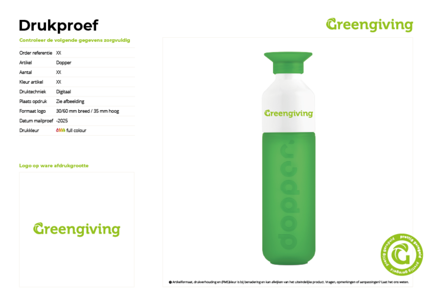 Digitale Druckvorschau eines Dopper-Werbegeschenks mit Greengiving-Logo und Druckangaben